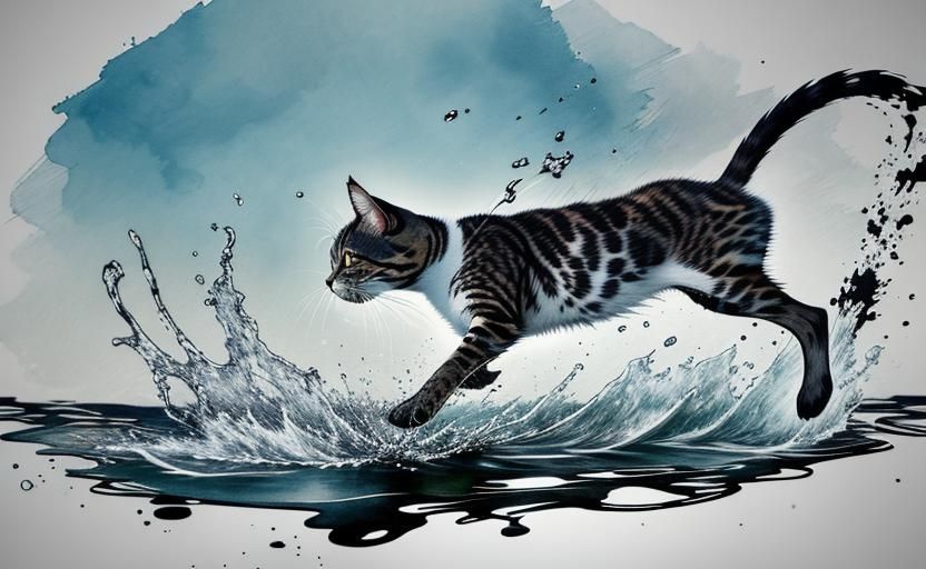 Kitten Leaps into Water: Ink Splatter Landscape