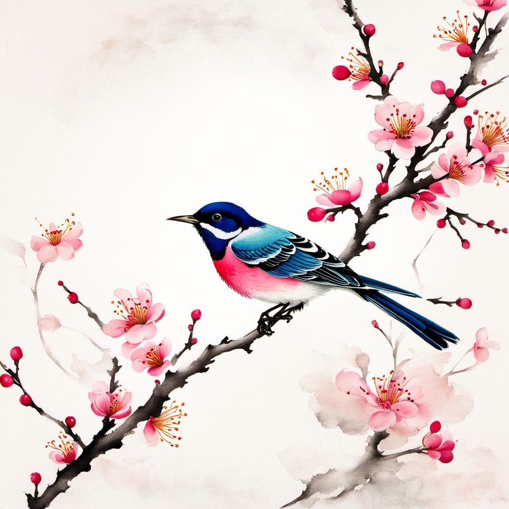 Songbird and Plum Blossom in Chinese Ink Style