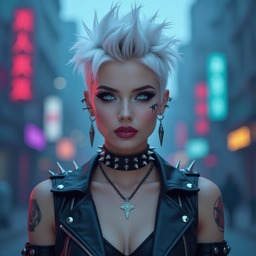 Gothic Punk Woman in Cyberpunk Cityscape
