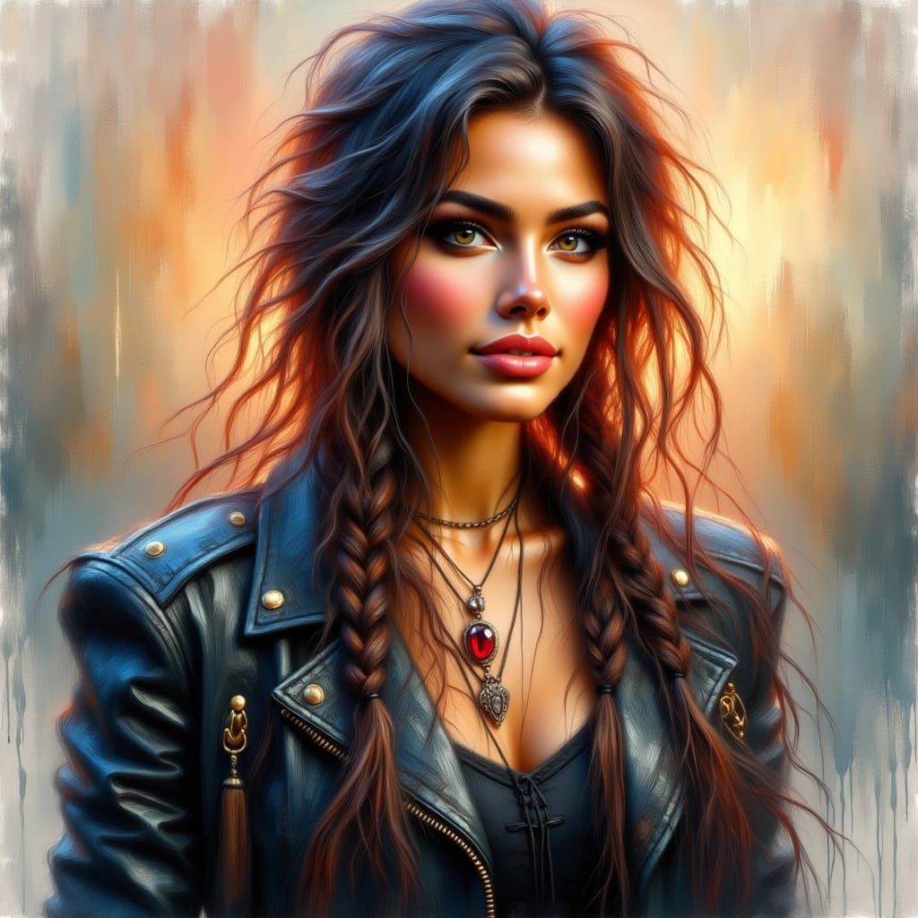 Confident Woman in Leather Jacket: Oil Painting