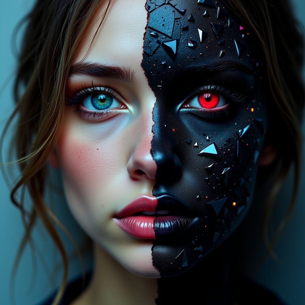 Split Face Portrait: Girl and Shattered Dark Angel
