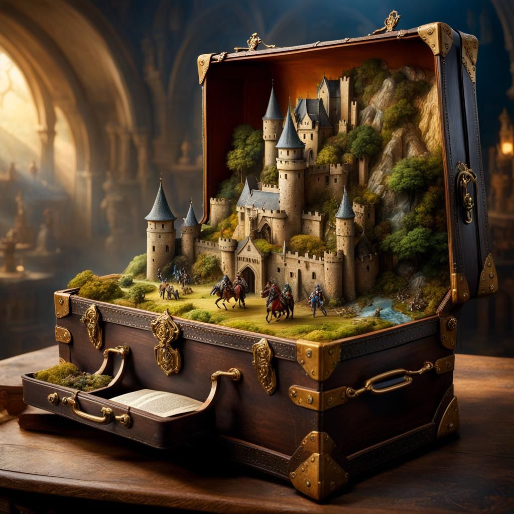 Miniature Medieval World Emerging from Suitcase