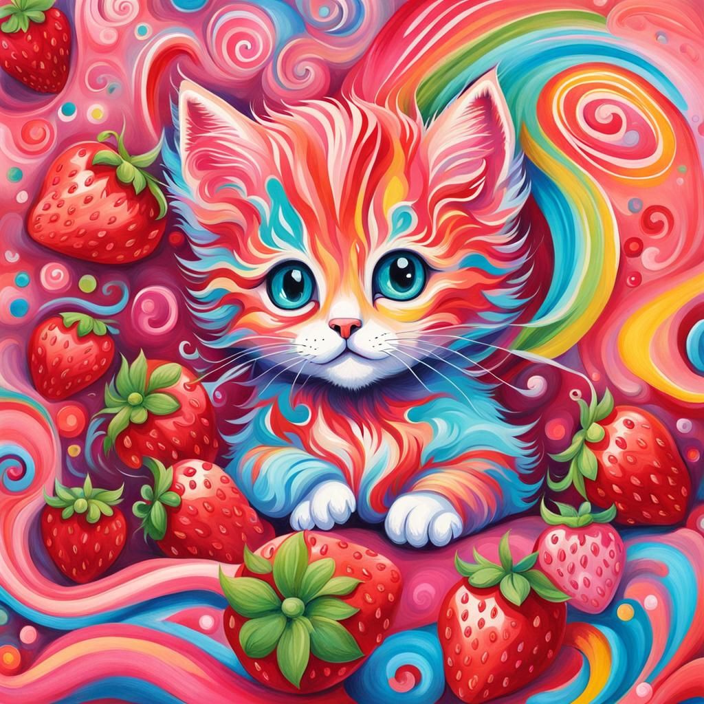 Vibrant Candyland Strawberry Kitten Gouache Art