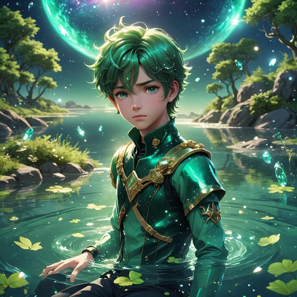 Anime Prince in Green Galaxy: Cute 3D Art