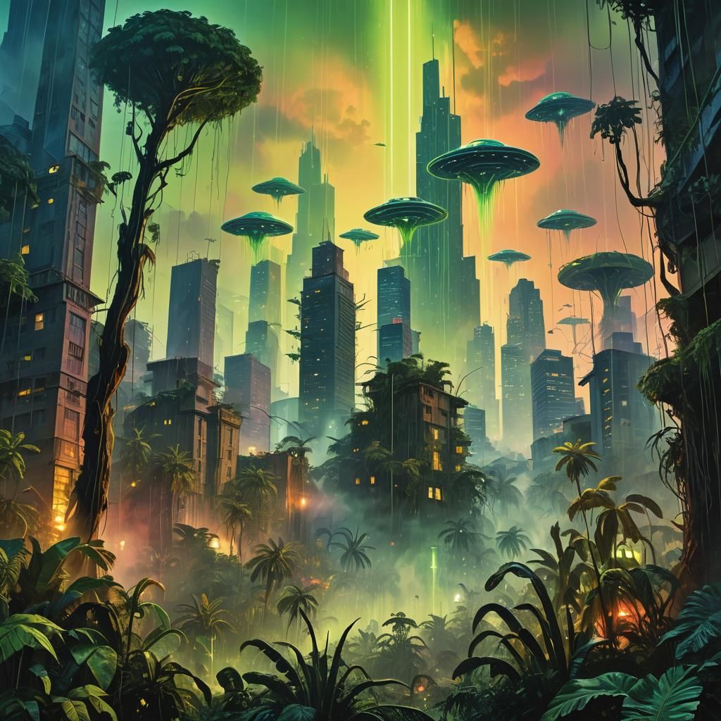 Aliens Invade Rainforest Boom Town in Fauvist Style