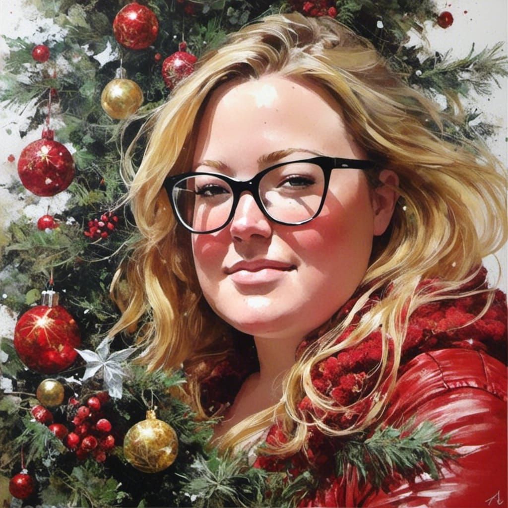Charming Blonde and Christmas Tree in Fantasy Art Style