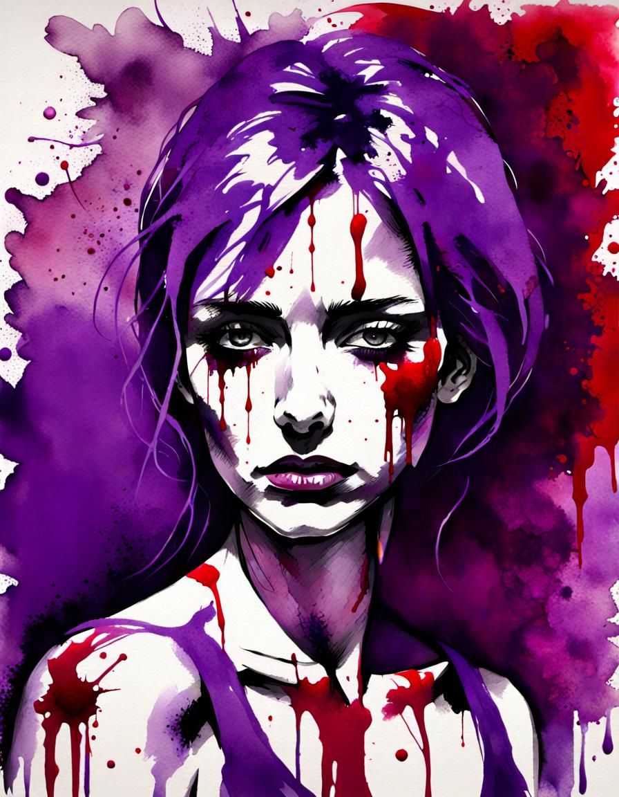 Battered Woman with Bloody Knife in Ink Wash Style