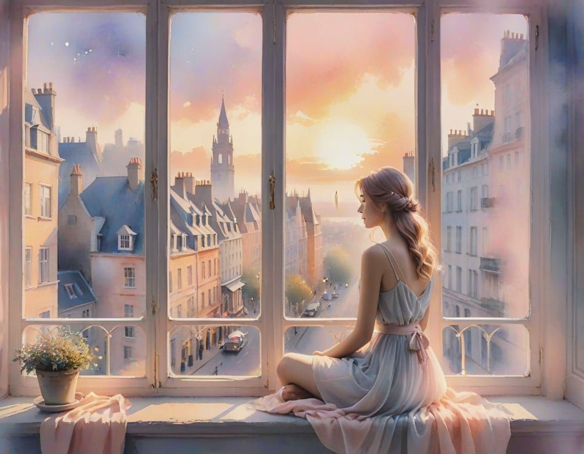 Cozy British Window Scene in Soft Watercolor