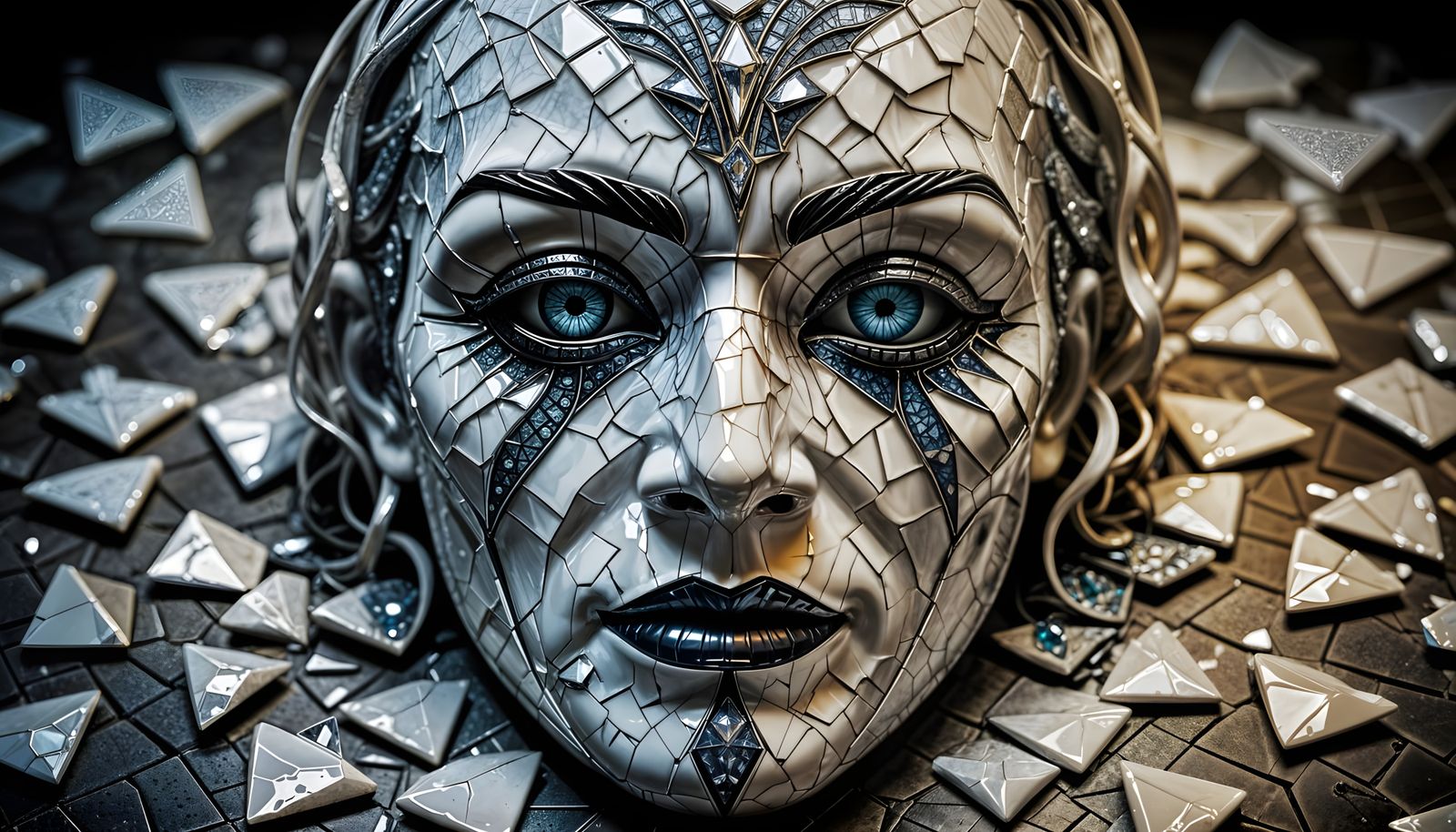 A Cracked Porcelain Mask Weeps Diamond Tears in Hyperrealist...