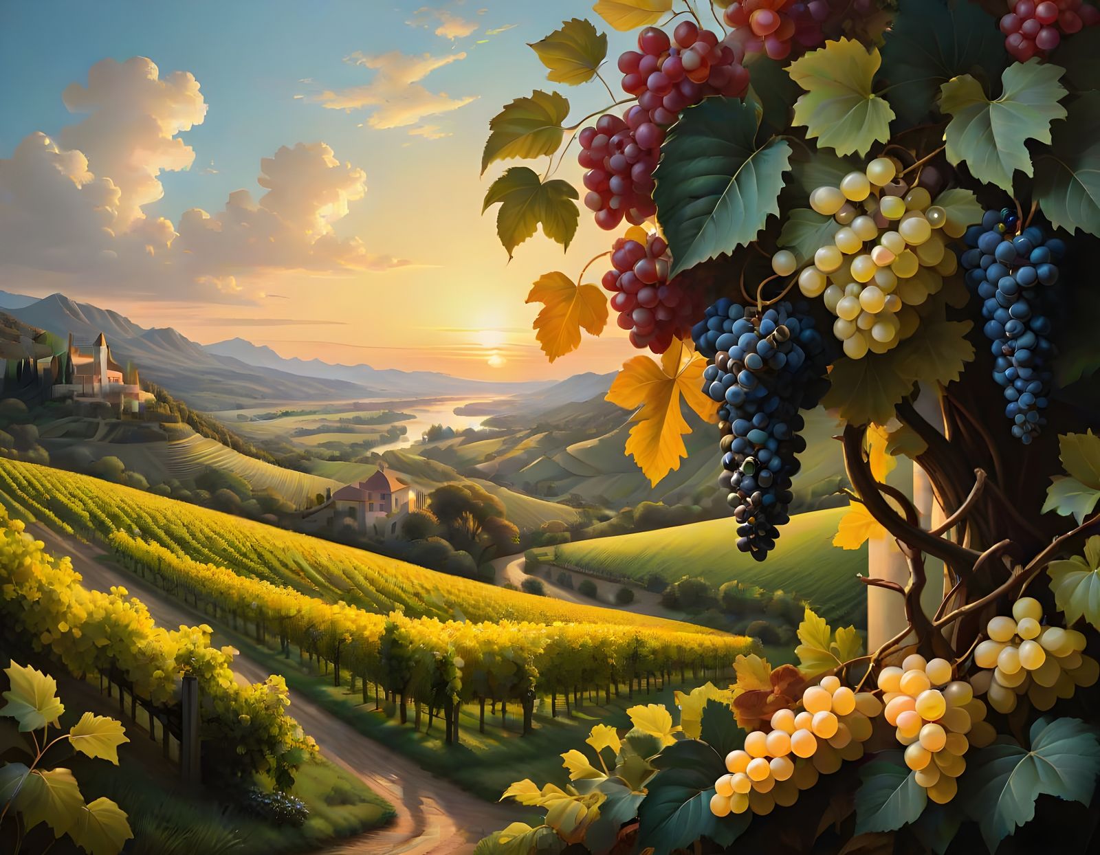 Elegant Baroque Vineyard Scene with Golden Hour Light