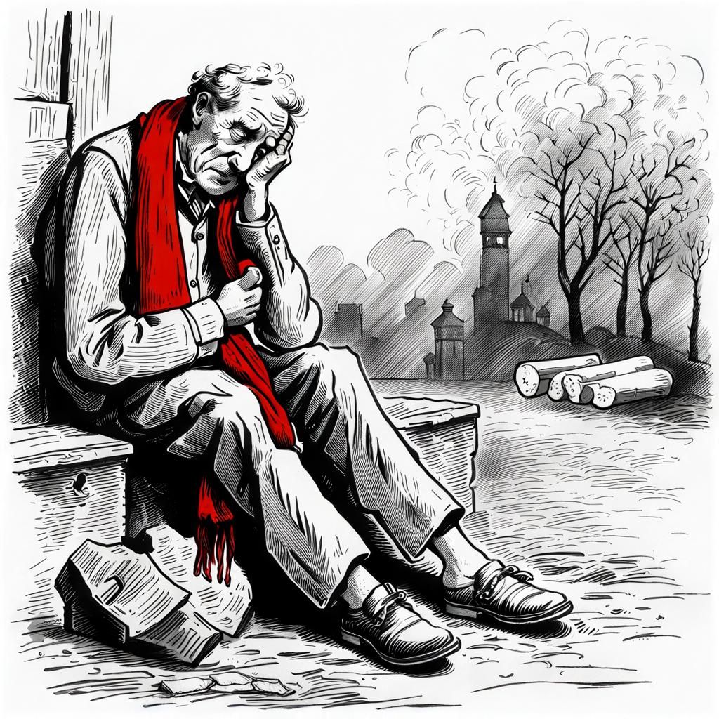 French Man's Baguette Tragedy: Pen and Ink Sketch