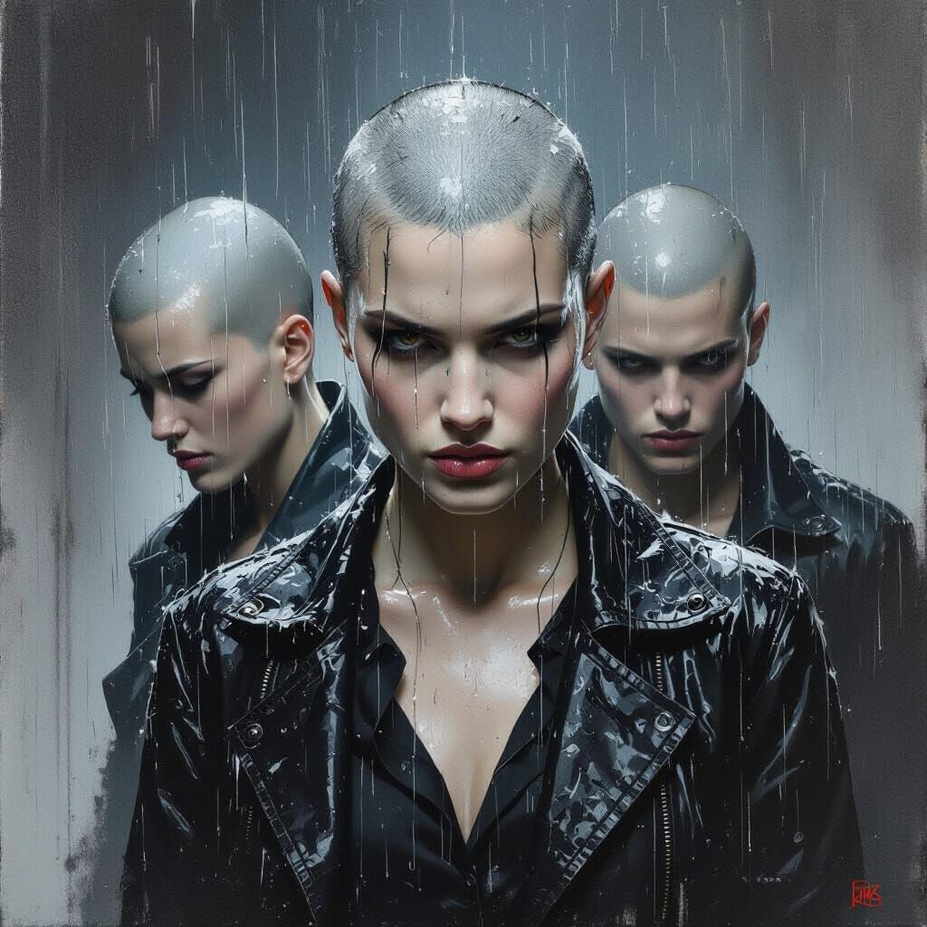 Resilient Shaved Heads in Rain: A Portrait of Defiance
