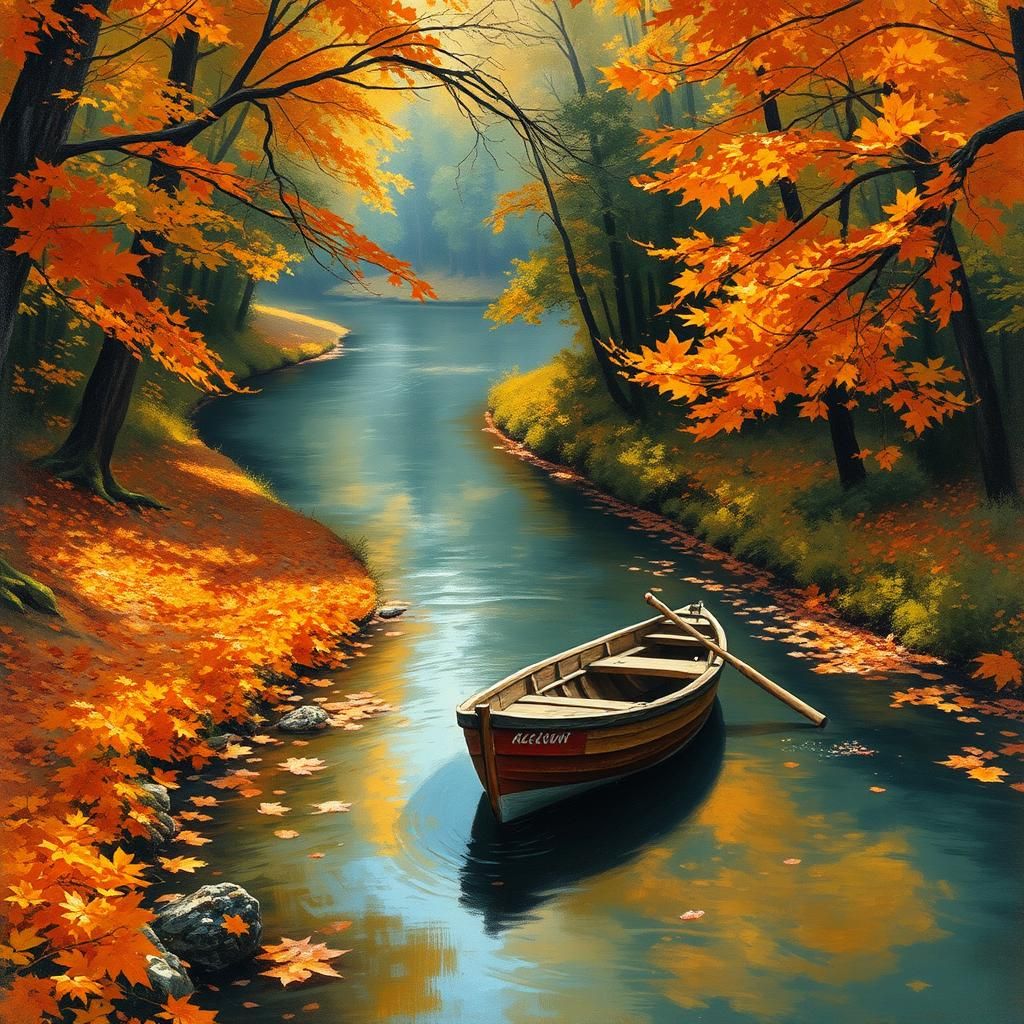 Autumn River Scene in Impressionistic Gouache Style