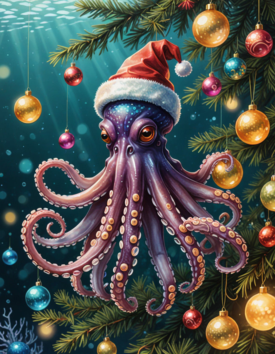 Whimsical Christmas Octopus Illustration in Vibrant Watercol...