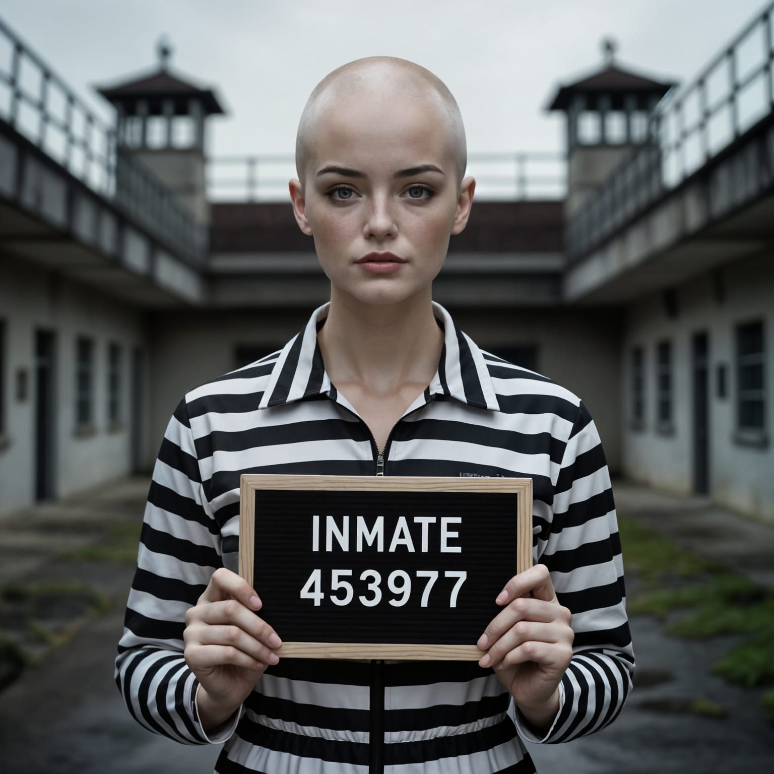 Cinematic Portrait of Gorgeous Bald Prisoner in Jumpsuit
