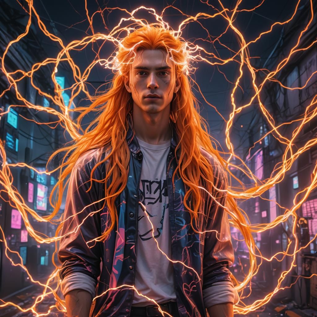 Vaporwave Young Man with Orange Hair in Digital Art