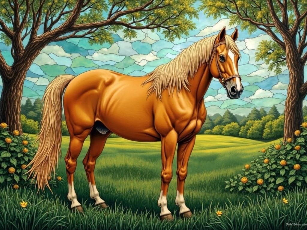Regal Palomino Quarter Horse in Art Nouveau Stained Glass