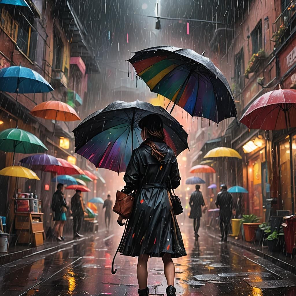 Girl in Rain of Multicolored Paint