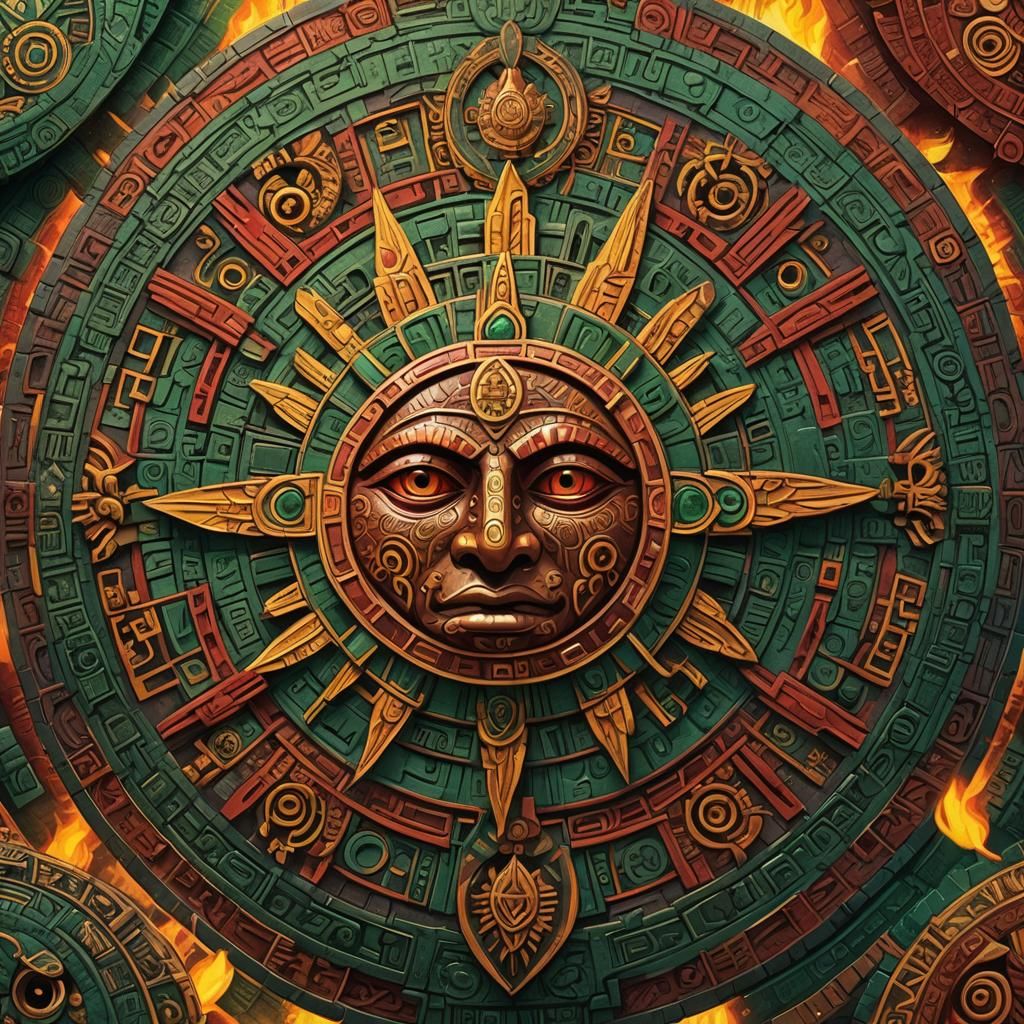 Aztec Calendar with Sun God Tonatiuh in Emerald and Gold