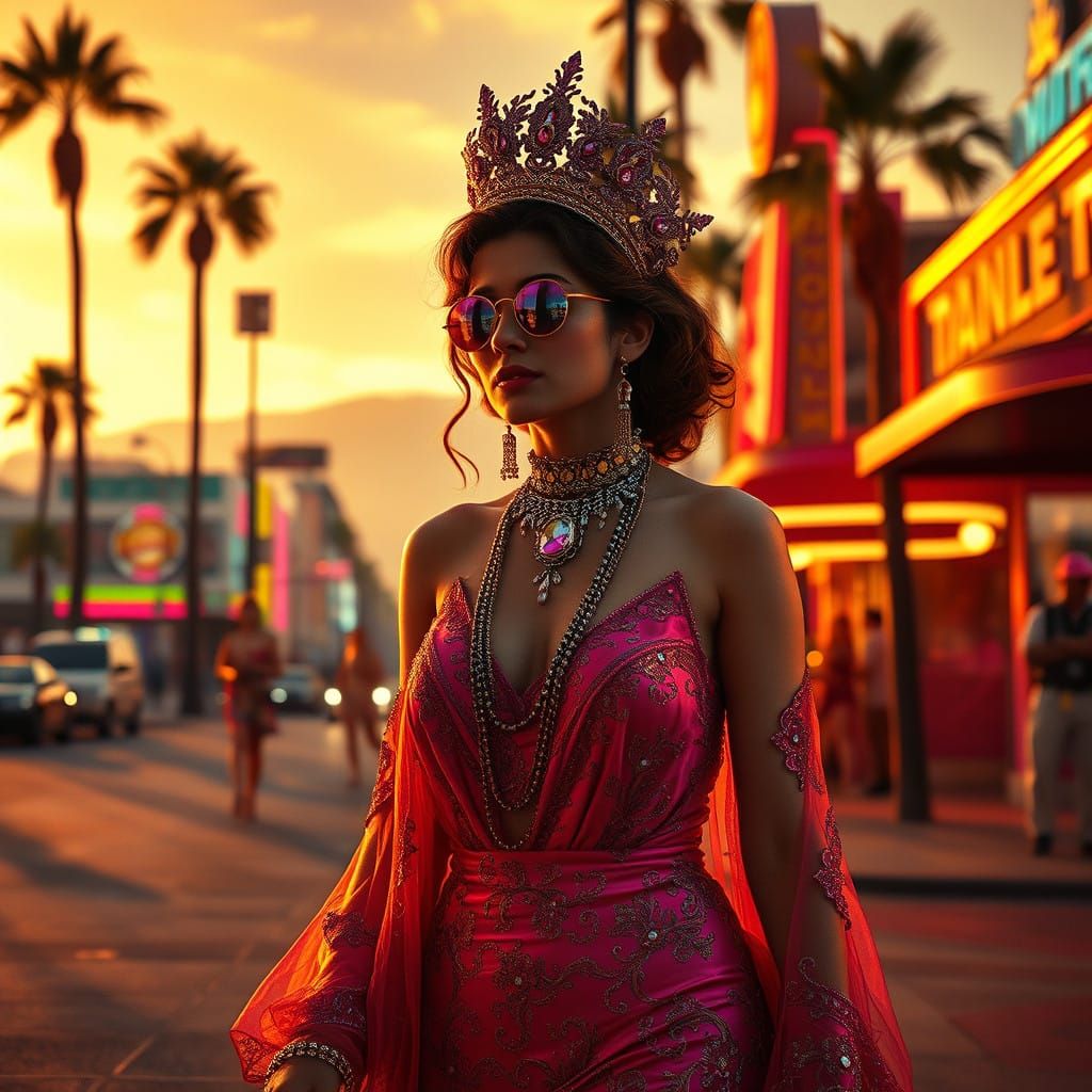 Regal Courtesan Strolls Sunset Boulevard in Vibrant Summer 1...