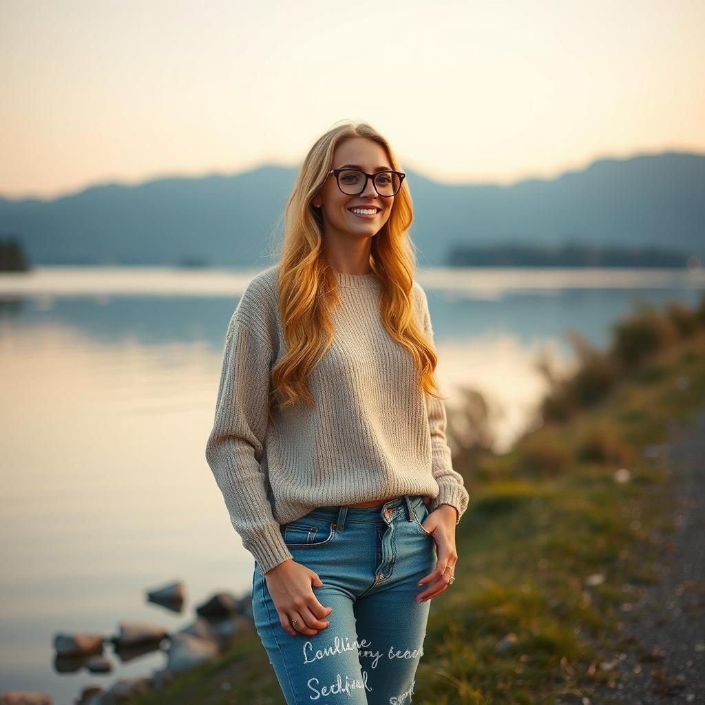 Blonde Woman Poses by Lakeshore: Cinematic Film Still