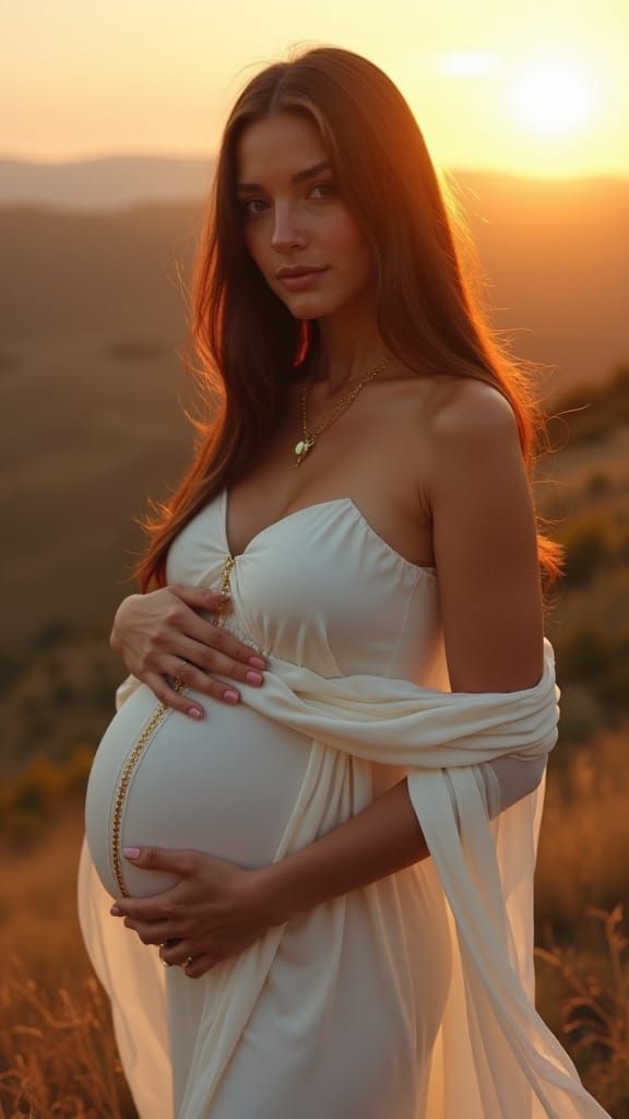 Pregnant Brunette in Flowing Gown at Dusk