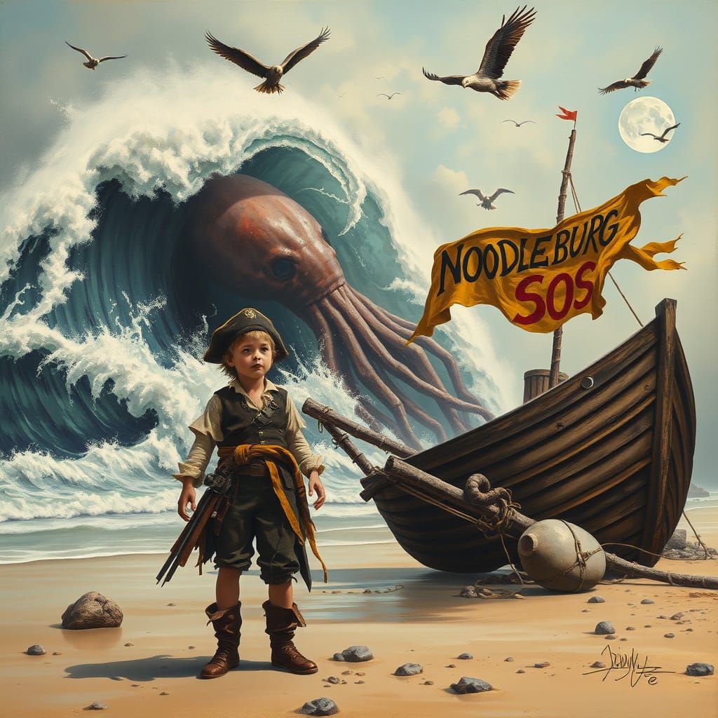 Tsunami Washes Over Pirate in Surreal Scene