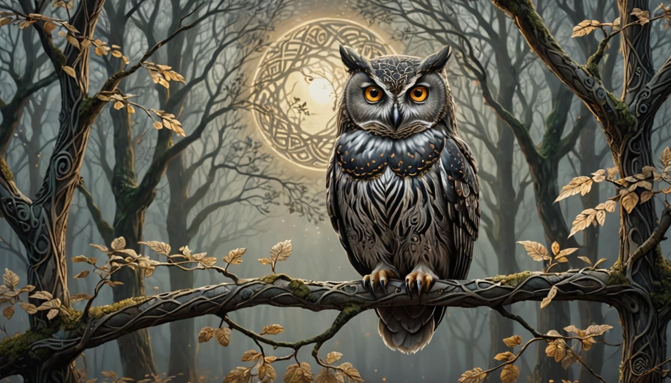 Celtic Owl in Misty Forest, Art Nouveau Style