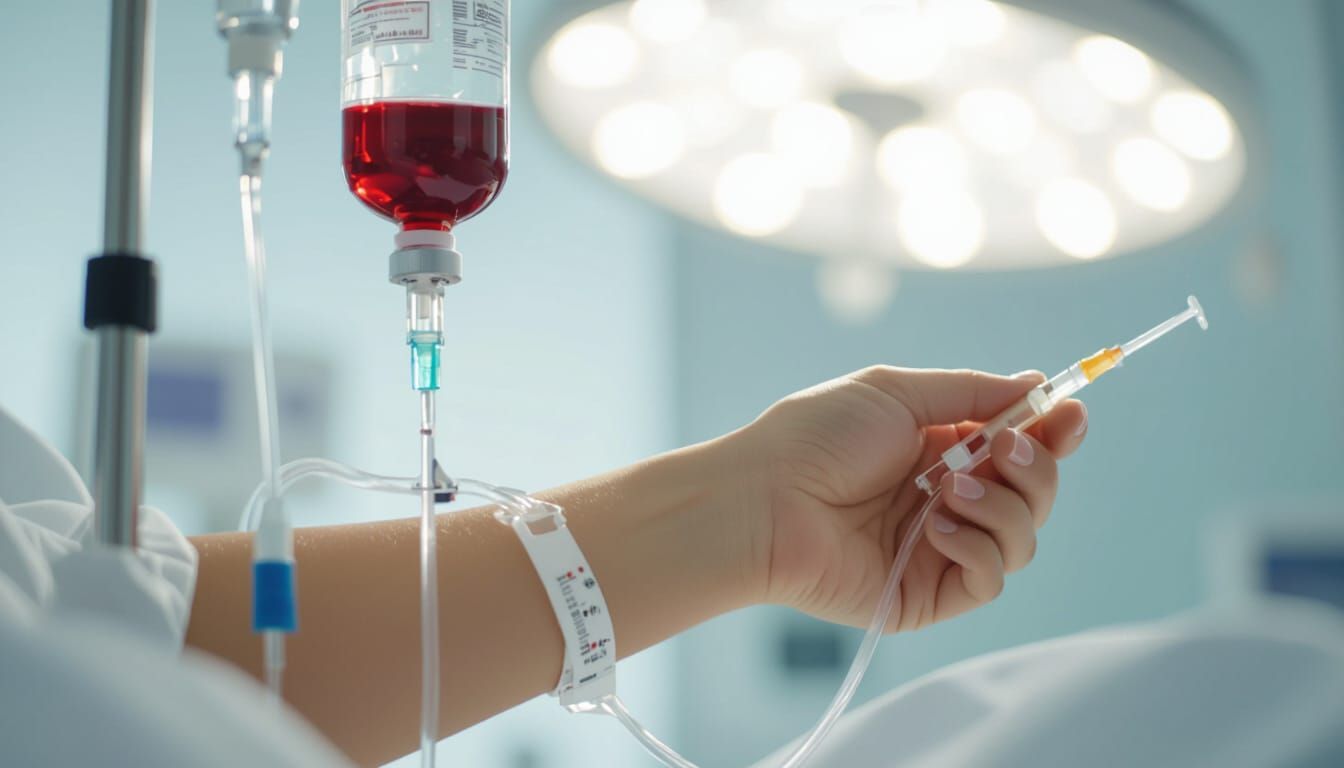 Woman's Arm Receives Blood Transfusion in Hospital Scene