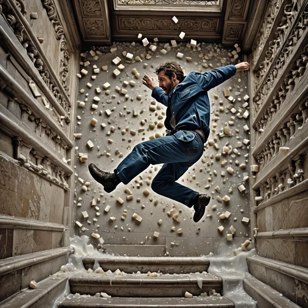 Hyperrealistic Man Falls Down Stairs After Slipping