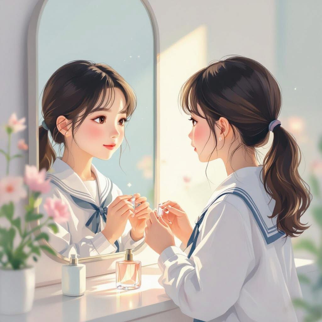 Korean Girl Tying Hair in Mirror Reflection, Pastel Tones