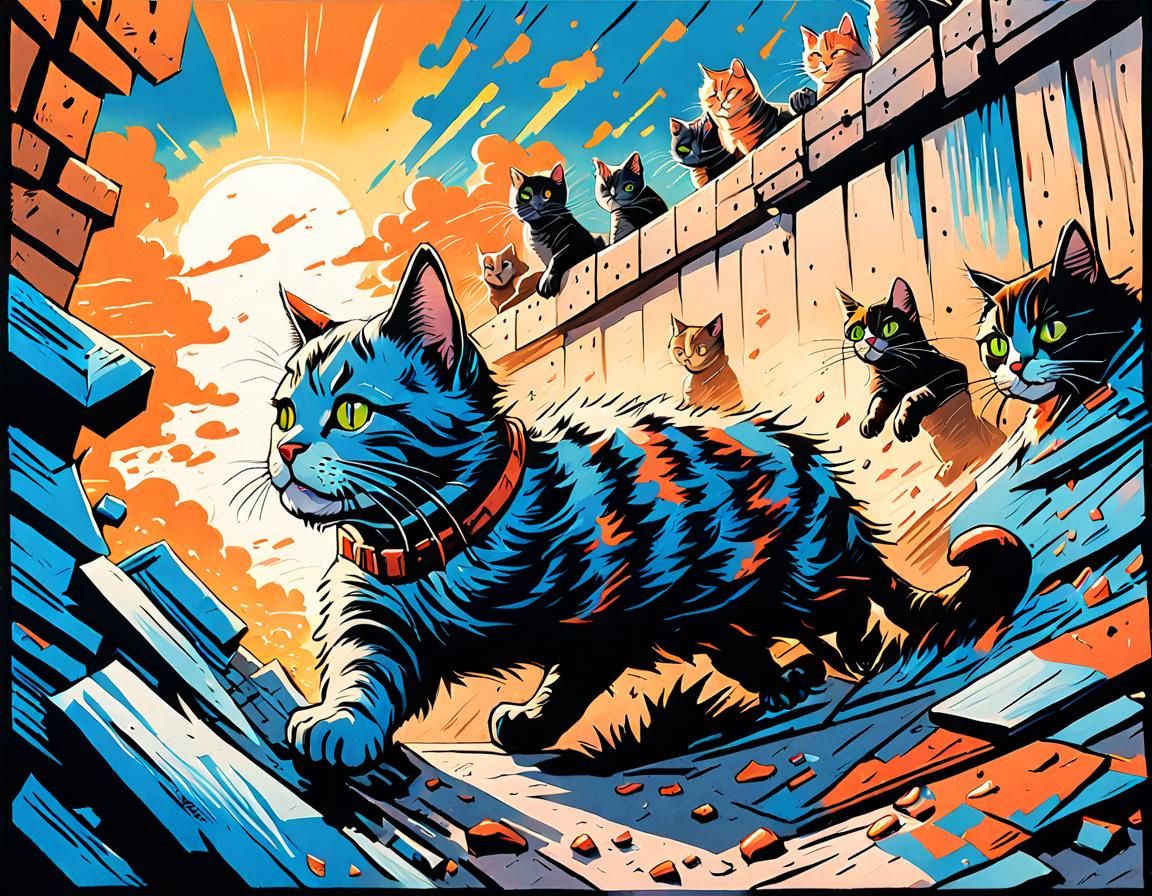 Berlin Wall Cats in Comic Book Gouache Style