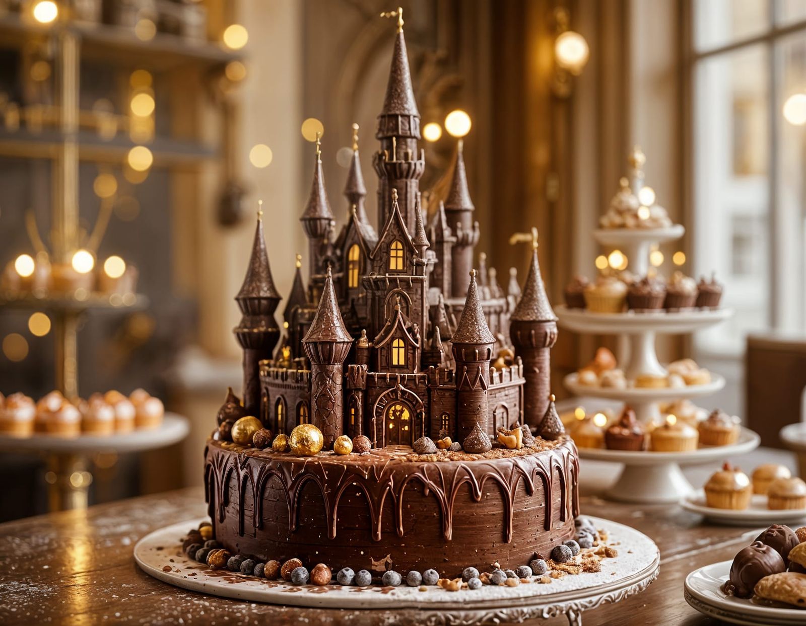 Detailed Chocolate Castle on Multi-Level Cake