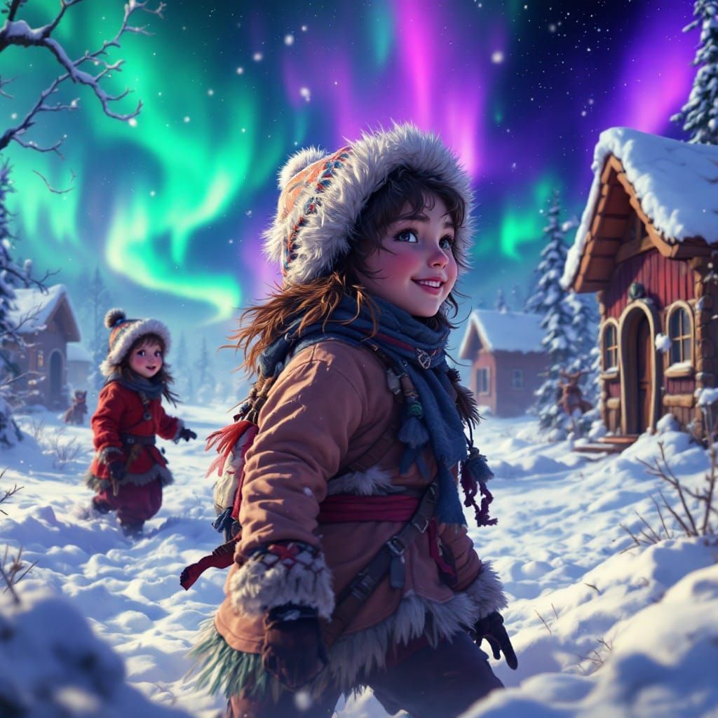 Lapland Children Play in Winter Snow, Matte Painting