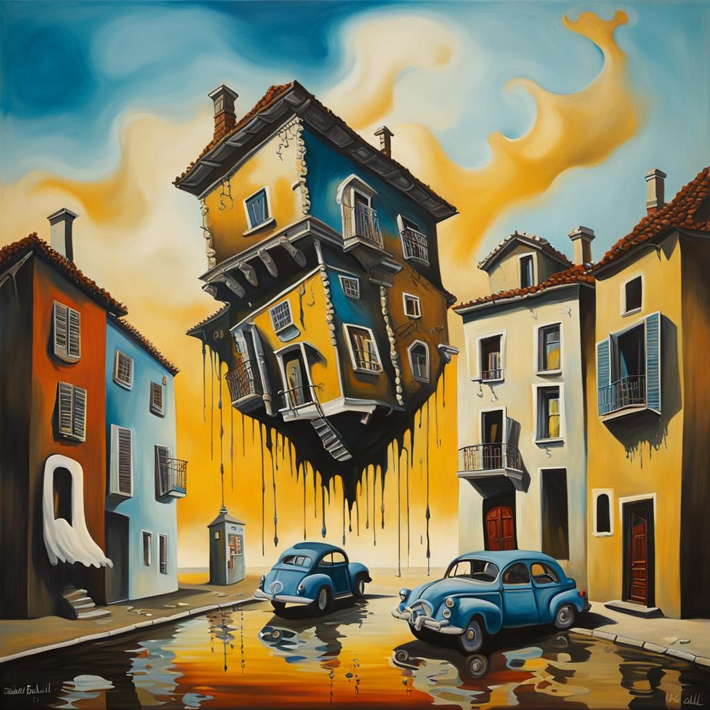 Surreal Upside Down Houses in Oil, Dali Style