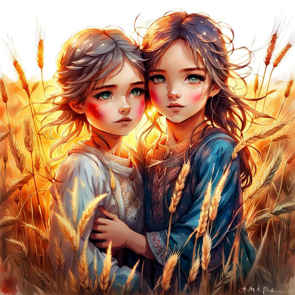 Chibi Sisters Hugging in Wheat Field, Watercolor Art