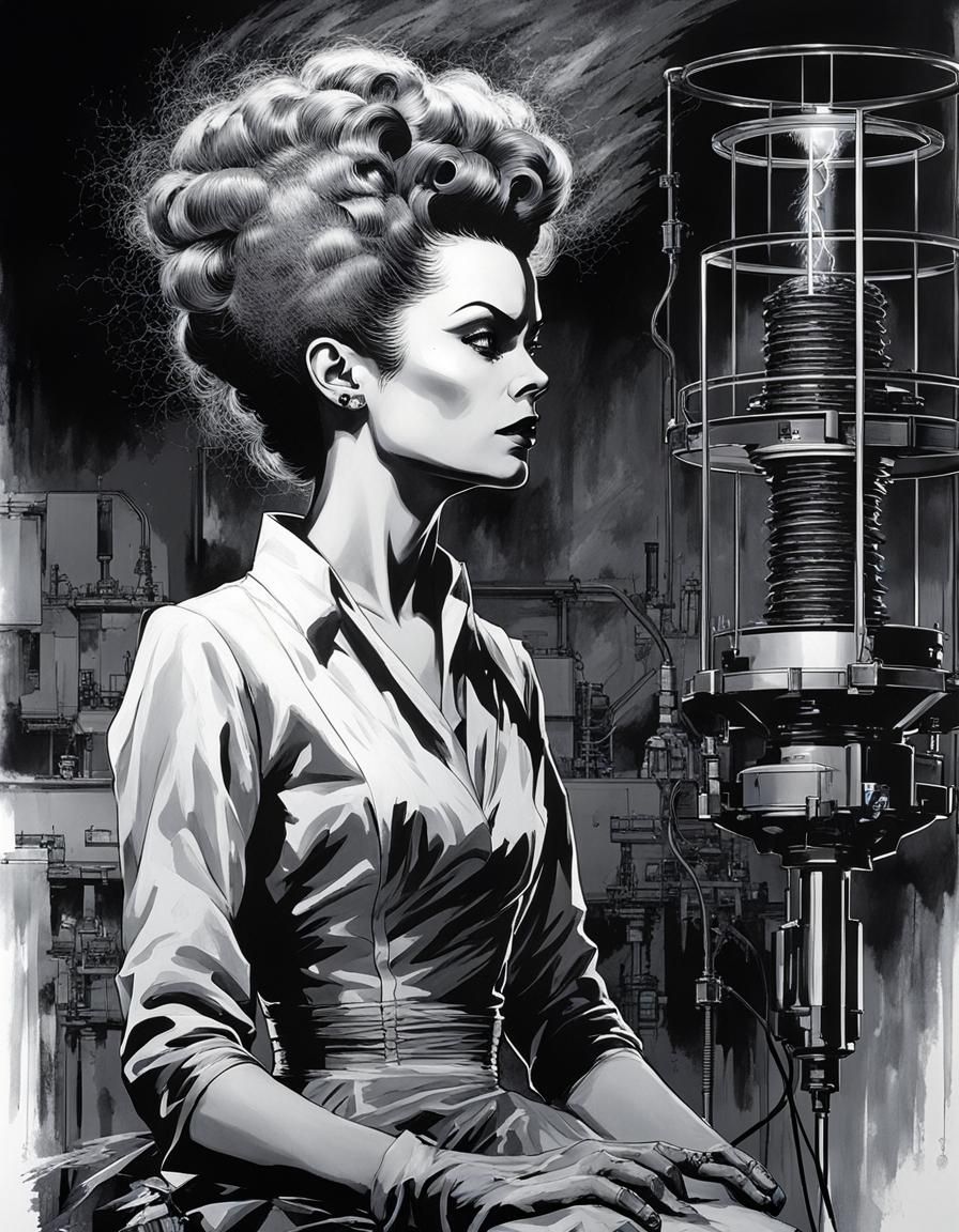 Bride of Frankenstein Illustration with Tesla Coils