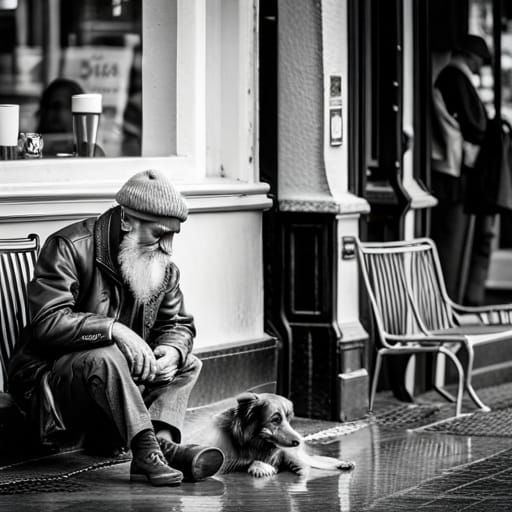 Homeless Man and Dog in Rainy Black and White