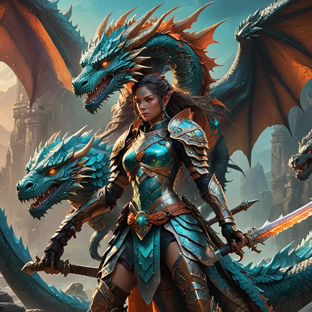 Armored Woman Riding Dragon in Fantasy Art Style
