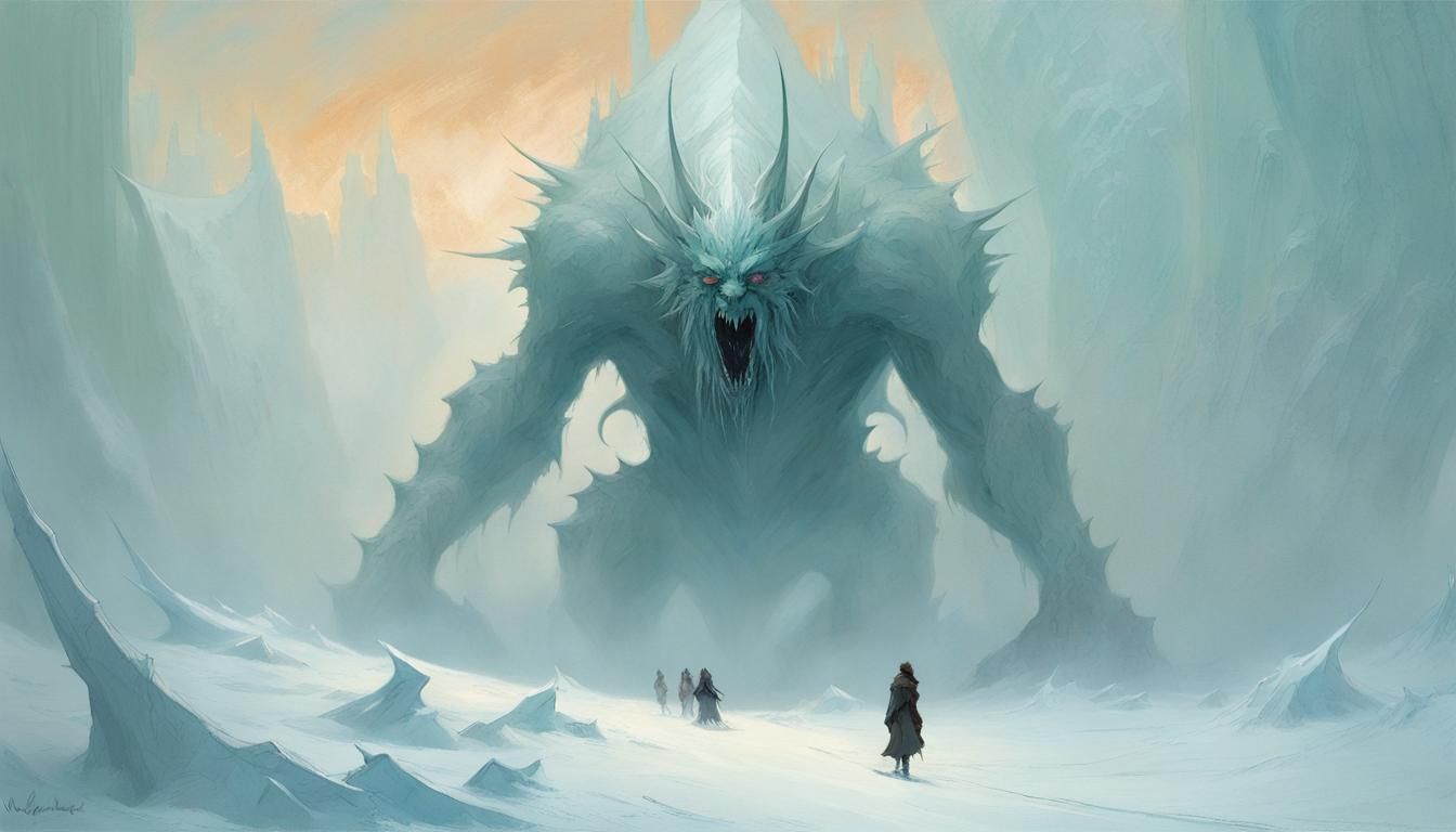 Snowy Panorama with Giant Monsters in Art Nouveau Style