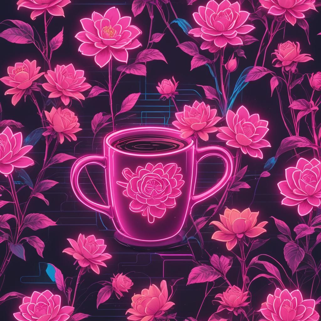 Neon Flower and Coffee Cup Emerging from Pooh