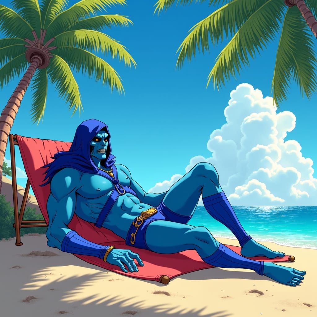 Skeletor on Beach in Anime Key Visual Style