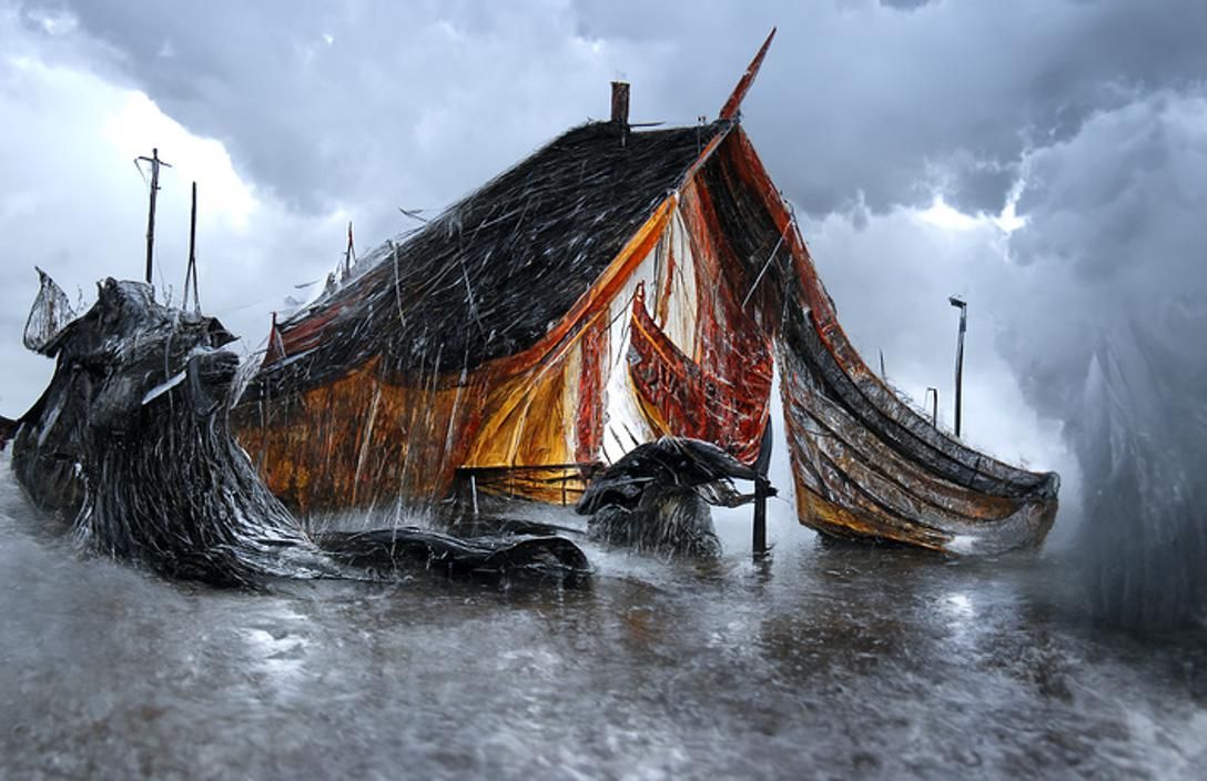 Viking Longship in Ominous Thunderstorm