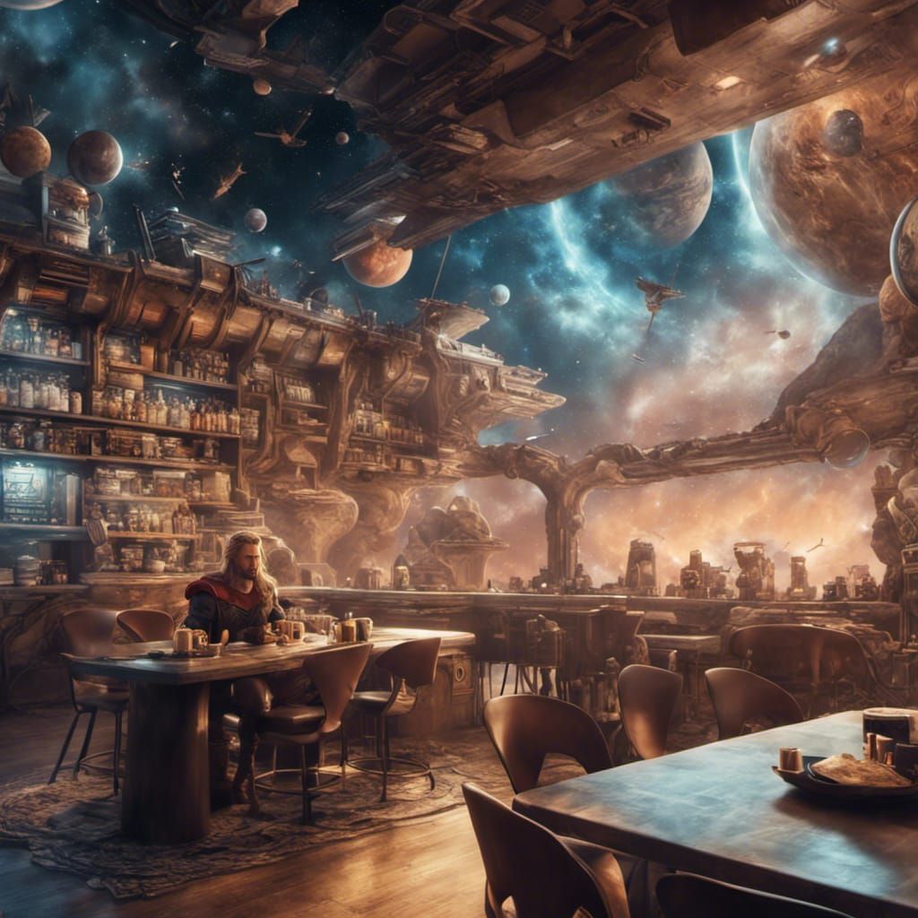 Thor at Space Coffee Shop: Dreamlike Cinematic Art
