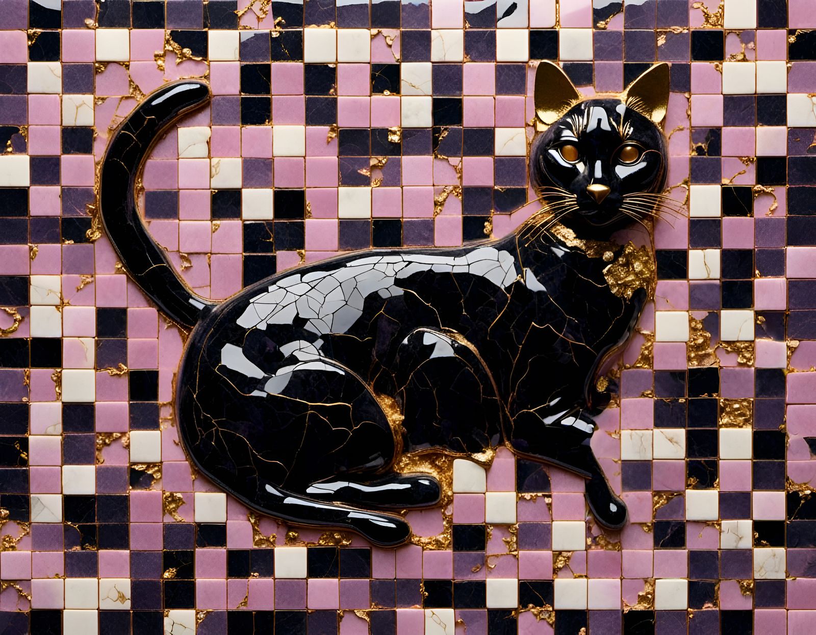 Black Marble Cat Mosaic with Gold Grout
