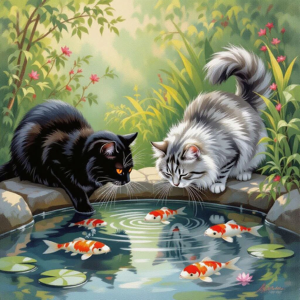 Cats Drinking from Koi Pond, Naturalistic Style