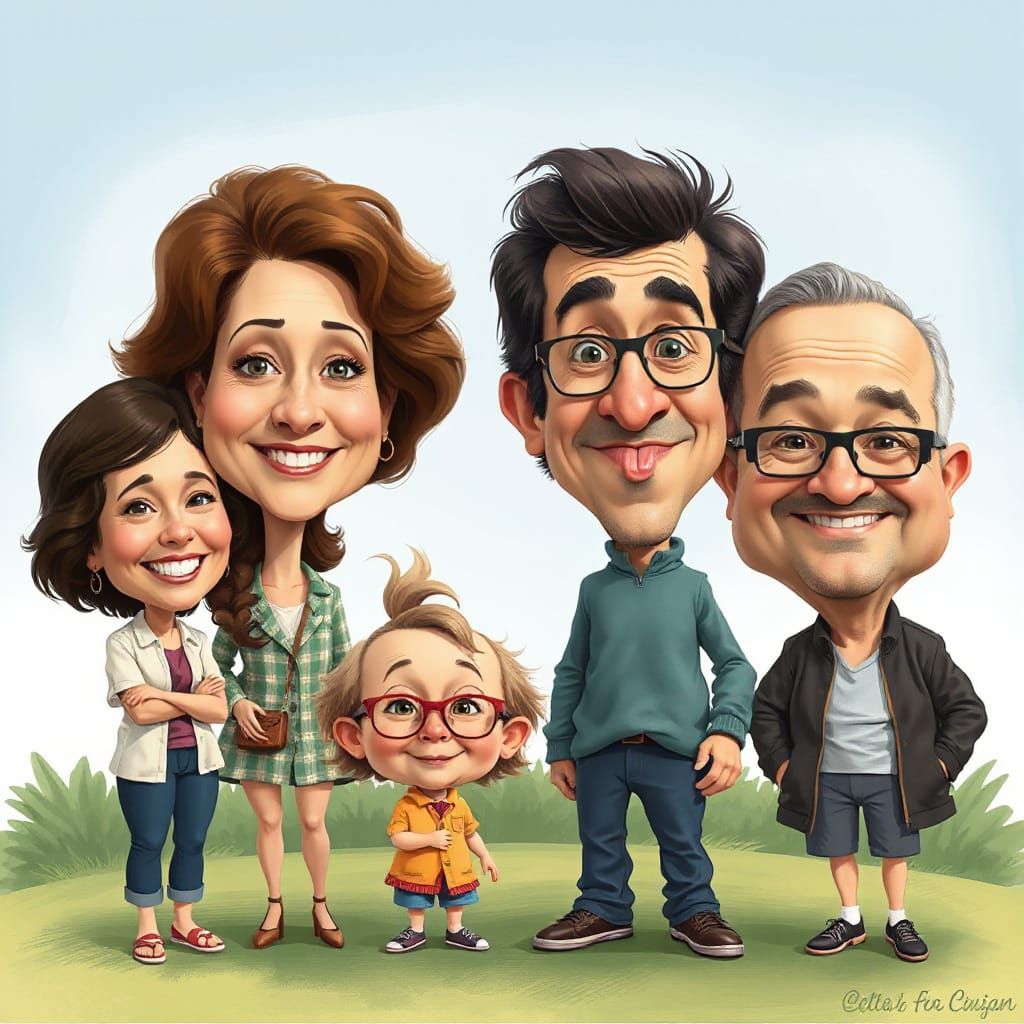 Funny Cartoon Family Caricature Portraits with Oversized Fea...