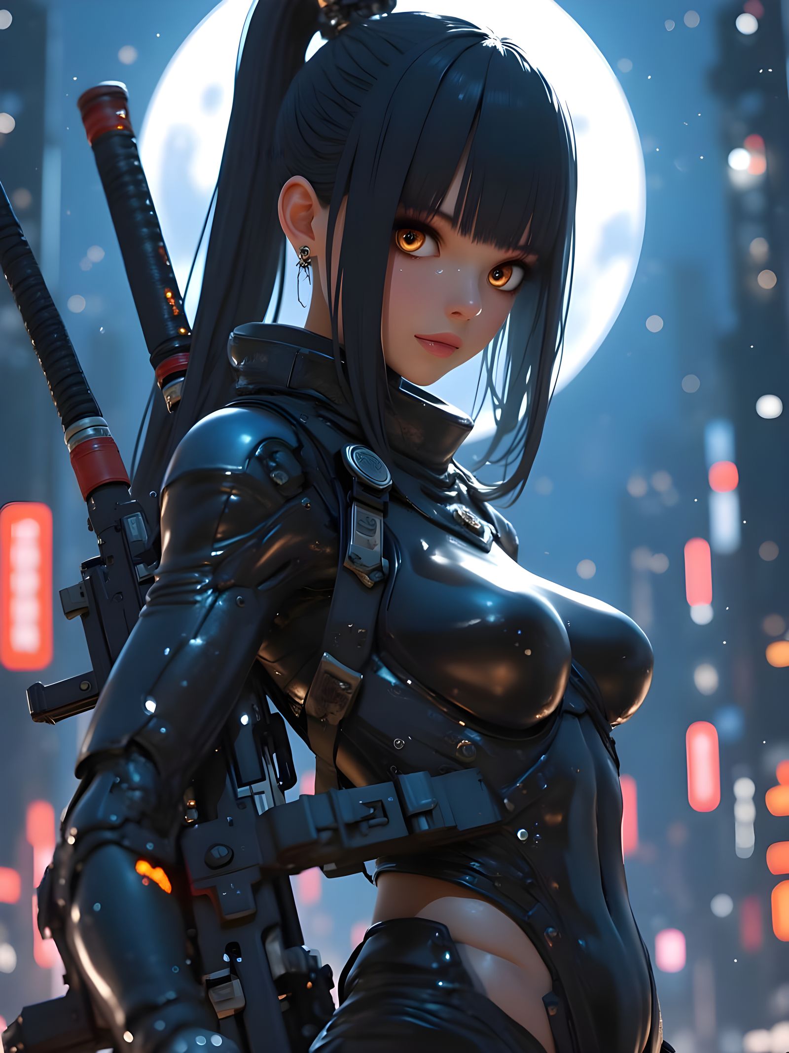 Cyberpunk Kunoichi in Neo-Cyberpunk Cityscape at Night
