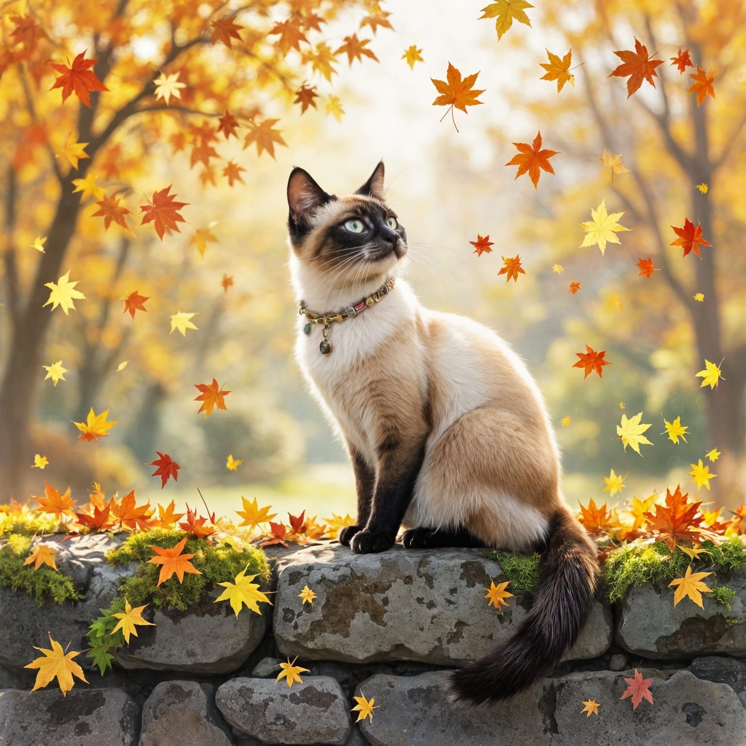 Regal Siamese Cat on Mossy Wall Amidst Autumn Leaves