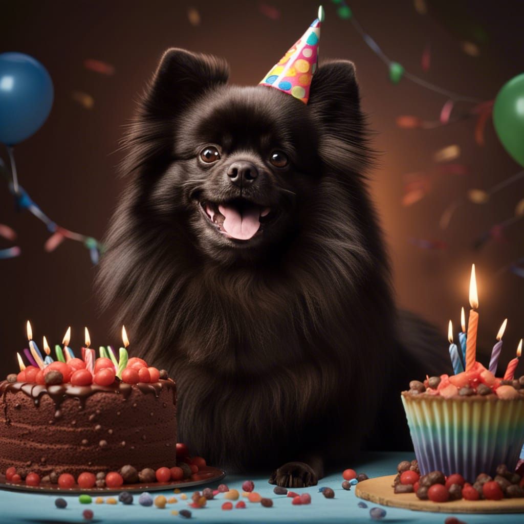 Black Pomeranian About to Blow Out Birthday Candles
